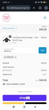 MENU20 coupon verification screenshot