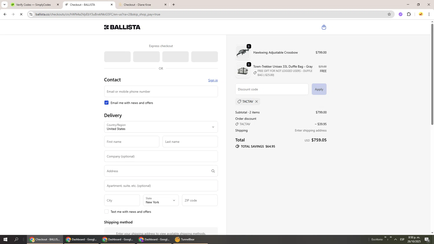 Ballista coupon code screenshot showing code TACTAV applied at Ballista checkout page. Uploaded by SimplyCodes community member Richard251 on Oct 27, 2025