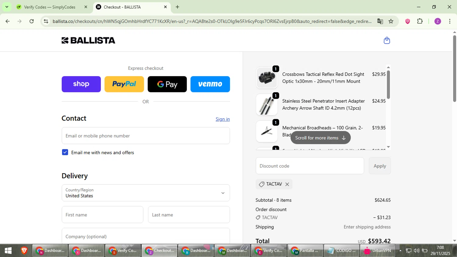 Ballista coupon code screenshot showing code TACTAV applied at Ballista checkout page. Uploaded by SimplyCodes community member ValiantFinder3275 on Nov 29, 2025