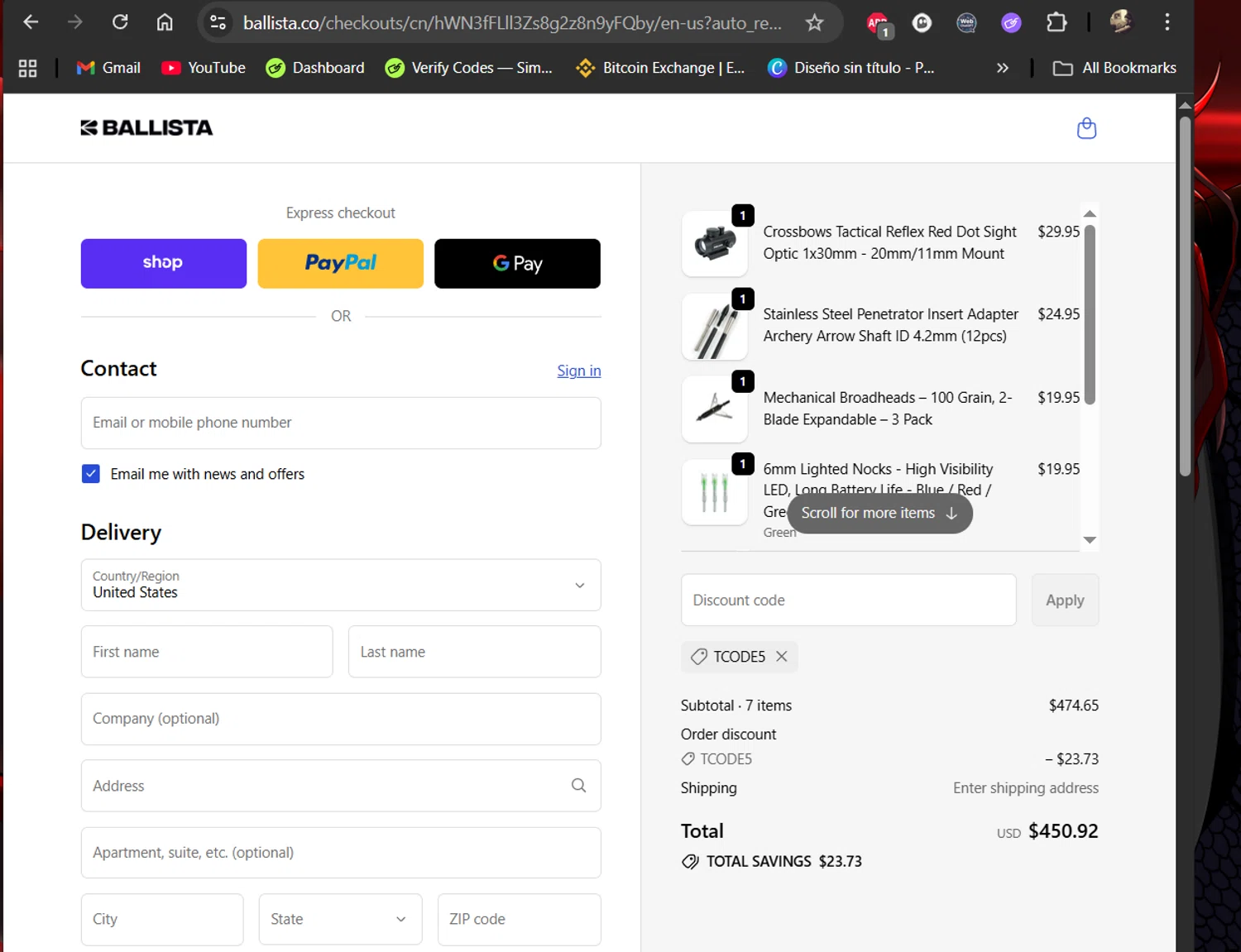 Ballista coupon code screenshot showing code TCODE5 applied at Ballista checkout page. Uploaded by SimplyCodes community member LiShang on Oct 2, 2025