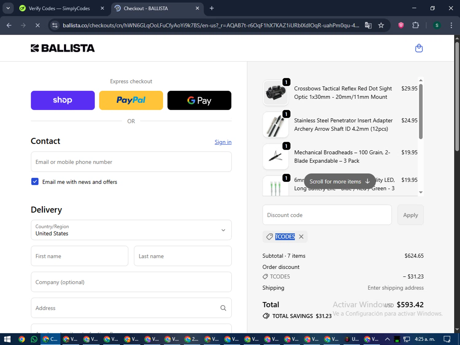 Ballista coupon code screenshot showing code TCODE5 applied at Ballista checkout page. Uploaded by SimplyCodes community member lilMosey on Dec 10, 2025
