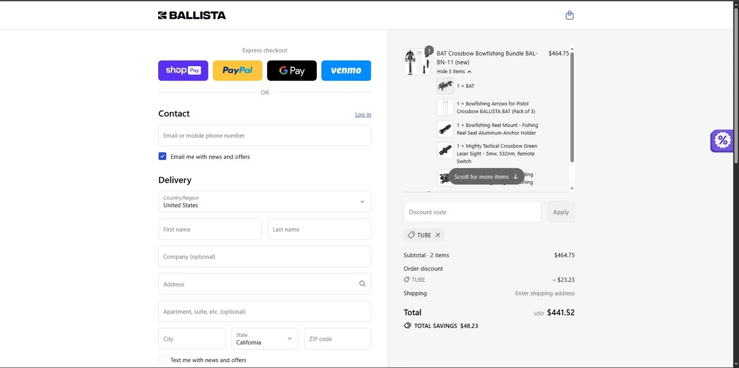 Ballista coupon code screenshot showing code TUBE applied at Ballista checkout page. Uploaded by SimplyCodes community member Depressive on Aug 18, 2025