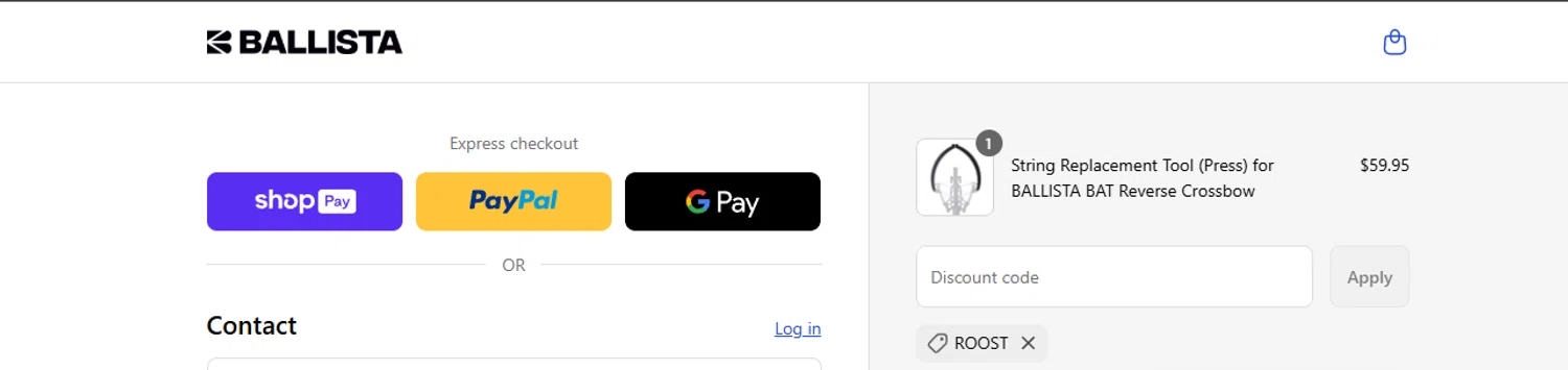 Ballista coupon code screenshot showing code ROOST applied at Ballista checkout page. Uploaded by SimplyCodes community member ashe1986 on Aug 18, 2025