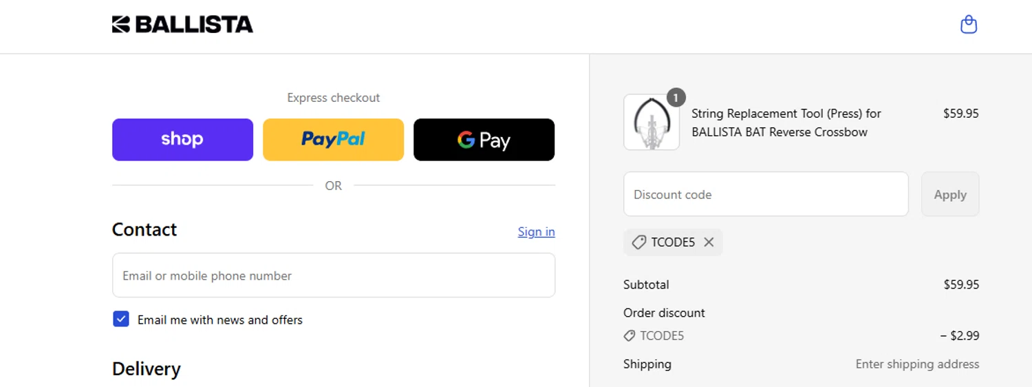 Ballista coupon code screenshot showing code TCODE5 applied at Ballista checkout page. Uploaded by SimplyCodes community member ashe1986 on Sep 17, 2025