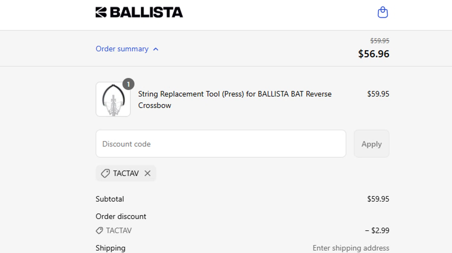 Ballista coupon code screenshot showing code TACTAV applied at Ballista checkout page. Uploaded by SimplyCodes community member ashe1986 on Sep 17, 2025