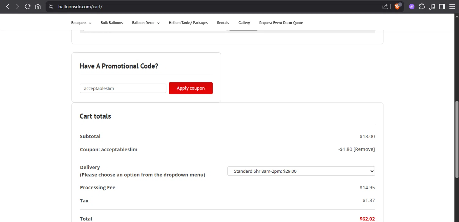 BalloonsDC promo code screenshot showing code acceptableslim applied at BalloonsDC checkout page. Uploaded by SimplyCodes community member xAngel on Sep 25, 2025