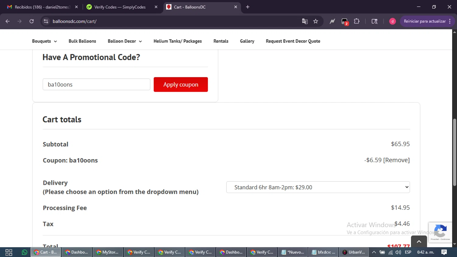 BalloonsDC checkout page showing BalloonsDC promo code box | Screenshot taken by SimplyCodes community member on Jan 27, 2026