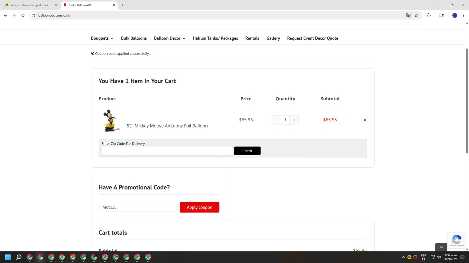 BalloonsDC checkout page showing BalloonsDC promo code box | Screenshot taken by SimplyCodes community member on Jan 30, 2026
