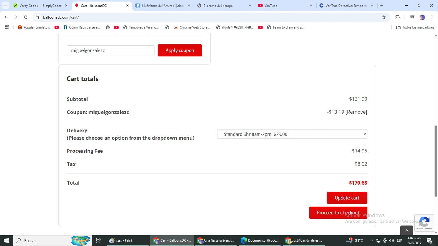 BalloonsDC promo code screenshot showing code miguelgonzalezc applied at BalloonsDC checkout page. Uploaded by SimplyCodes community member DealLynx6506 on Jun 29, 2025