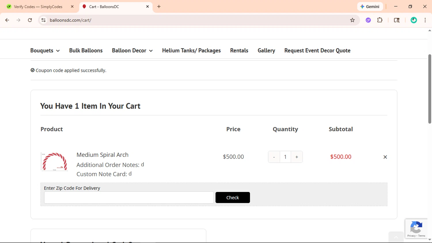 BalloonsDC promo code screenshot showing code miguelgonzalezc applied at BalloonsDC checkout page. Uploaded by SimplyCodes community member ShieldLegend9691 on Feb 13, 2026