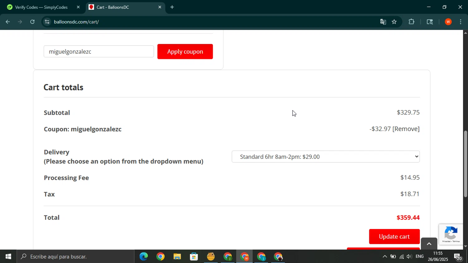 BalloonsDC promo code screenshot showing code miguelgonzalezc applied at BalloonsDC checkout page. Uploaded by SimplyCodes community member wilferji on Jun 26, 2025