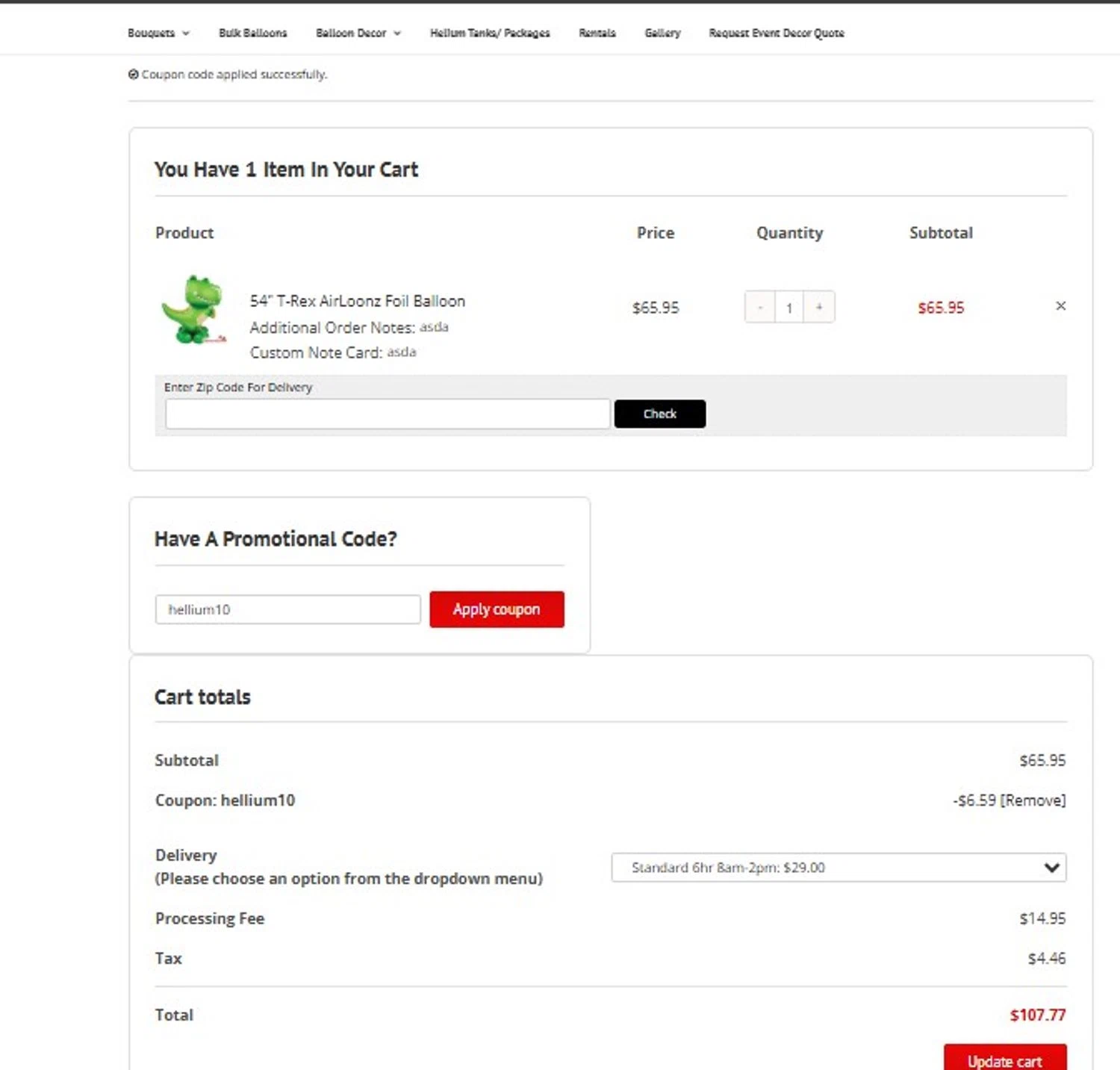 BalloonsDC promo code screenshot showing code hellium10 applied at BalloonsDC checkout page. Uploaded by SimplyCodes community member FortunateScholar5901 on Nov 9, 2025