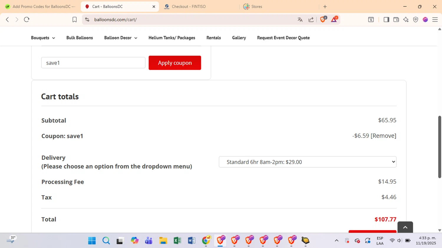 BalloonsDC promo code screenshot showing code save1 applied at BalloonsDC checkout page. Uploaded by SimplyCodes community member ScanRanger3795 on Nov 19, 2025