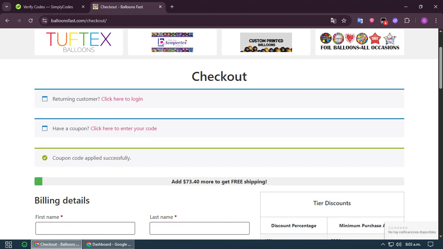 Balloons Fast coupon code screenshot showing code INSTA10 applied at Balloons Fast checkout page. Uploaded by SimplyCodes community member RewardHero5435 on Jun 30, 2025