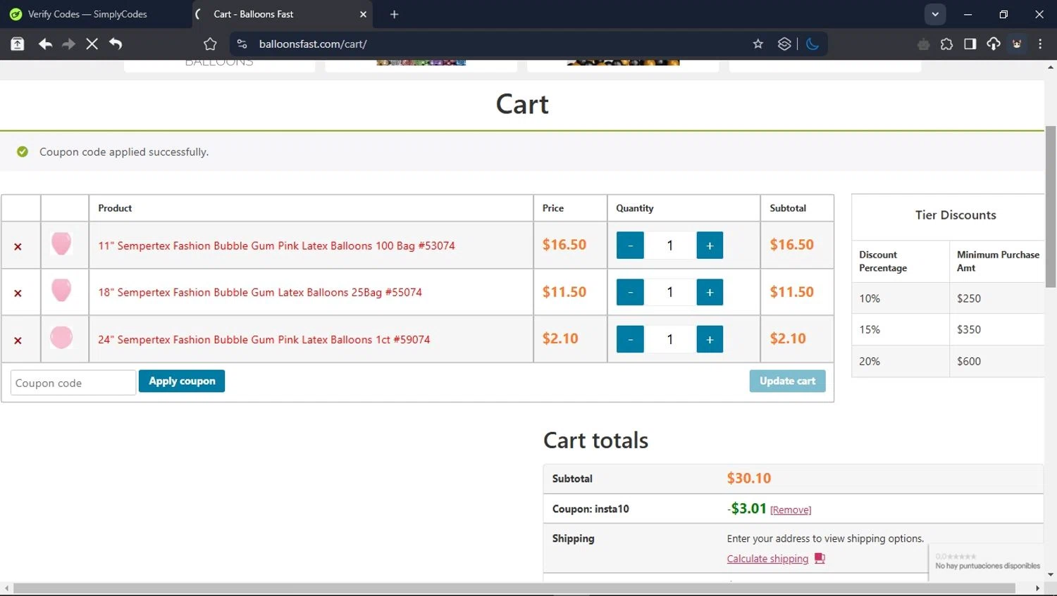 Balloons Fast checkout page showing Balloons Fast coupon code box | Screenshot taken by SimplyCodes community member on Apr 10, 2025