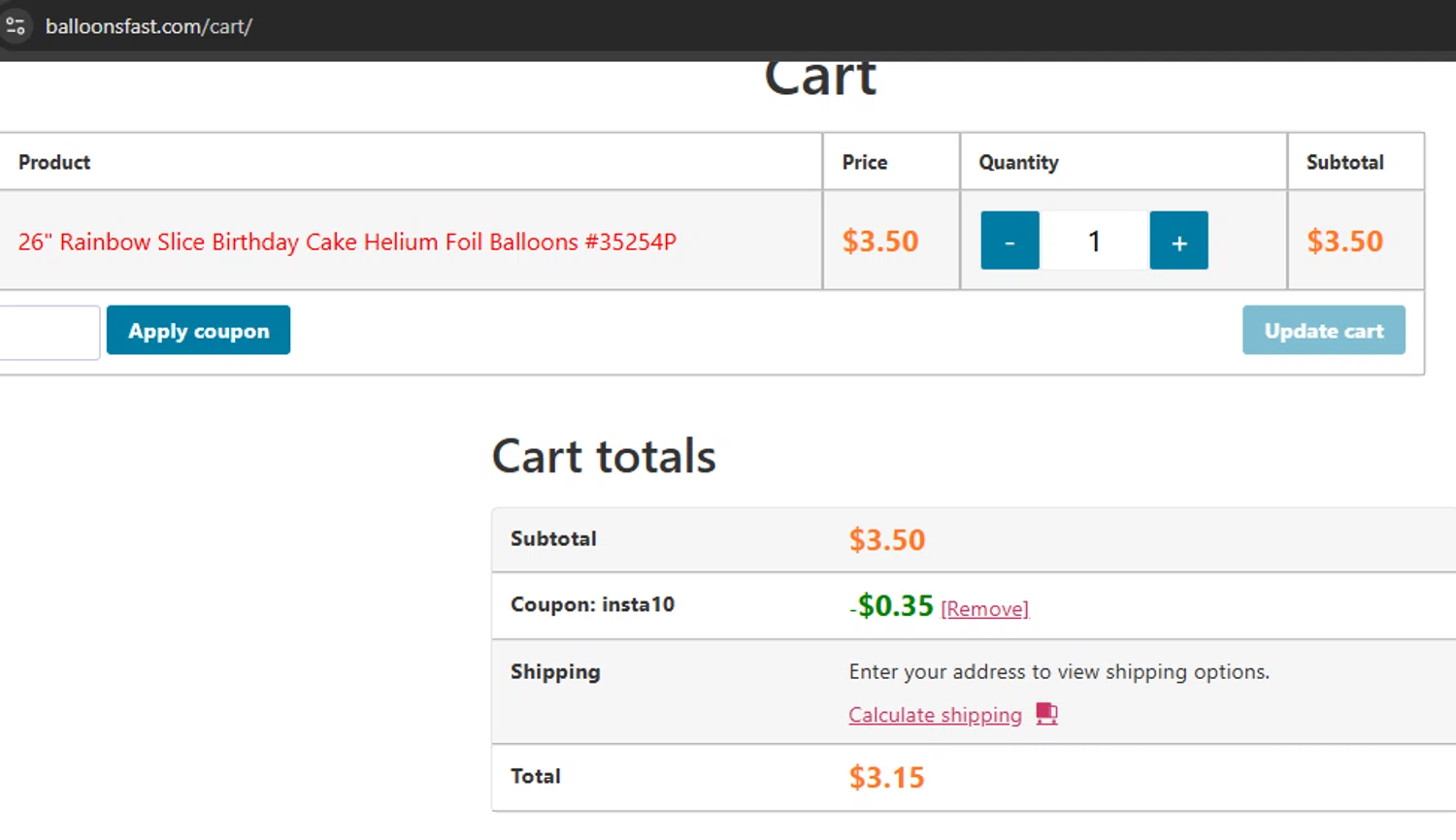 Balloons Fast checkout page showing Balloons Fast coupon code box | Screenshot taken by SimplyCodes community member on May 19, 2025