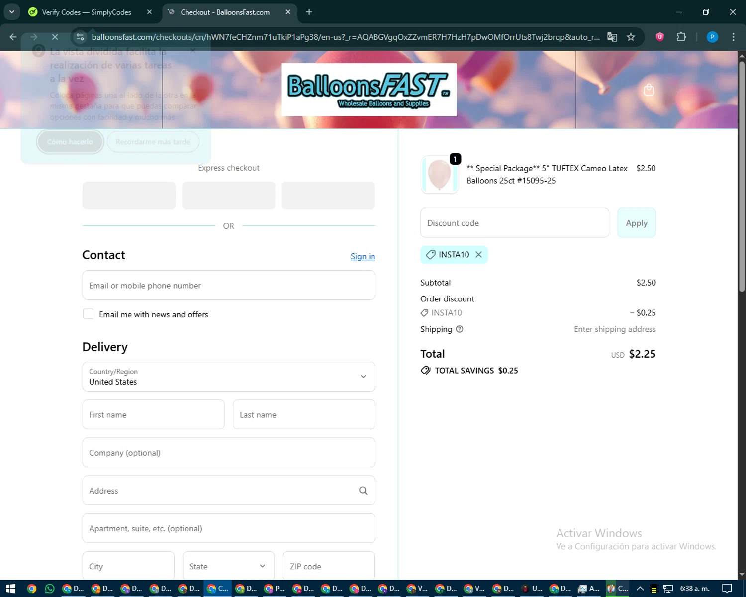 Balloons Fast coupon code screenshot showing code INSTA10 applied at Balloons Fast checkout page. Uploaded by SimplyCodes community member juiceWRLD on Jan 16, 2026