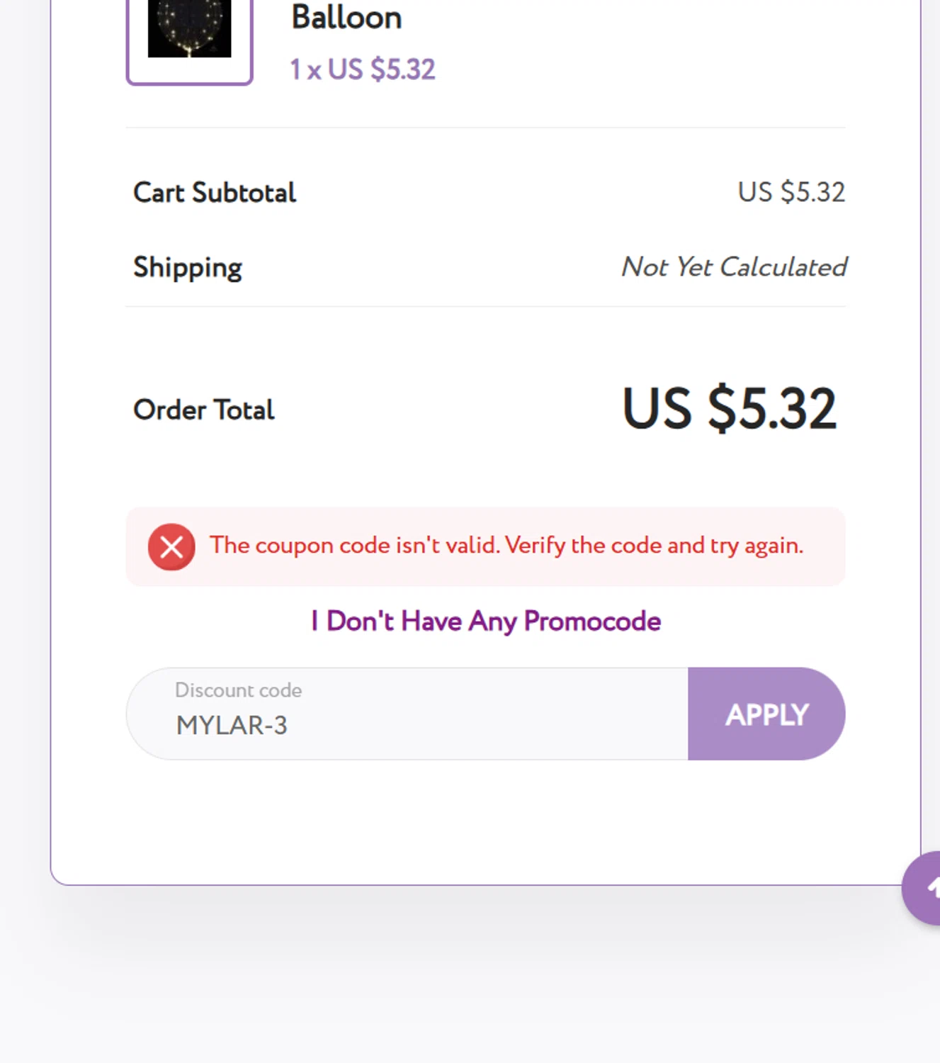 Balloons Online discount code screenshot showing code MYLAR-3 applied at Balloons Online checkout page. Uploaded by SimplyCodes community member Lisboa on Sep 6, 2025