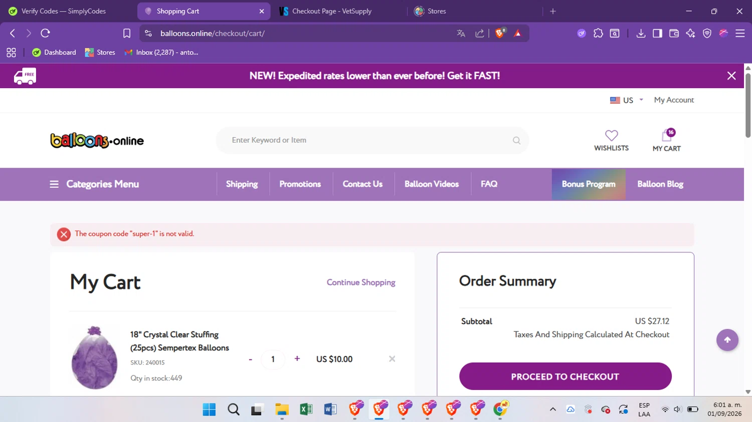 Balloons Online discount code screenshot showing code super-1 applied at Balloons Online checkout page. Uploaded by SimplyCodes community member antoooooooooooooo on Jan 9, 2026