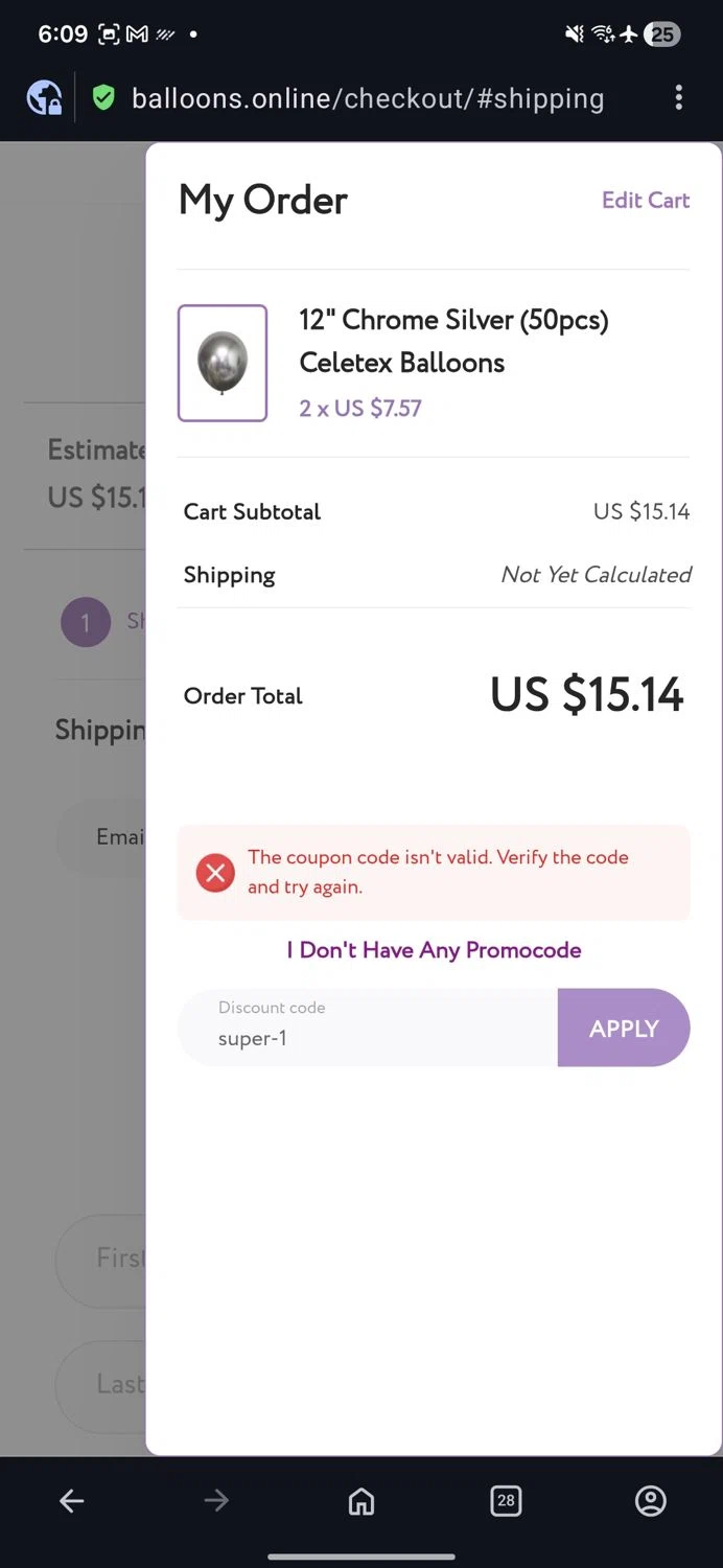 Balloons Online discount code screenshot showing code super-1 applied at Balloons Online checkout page. Uploaded by SimplyCodes community member guest_623525963 on Jan 9, 2026