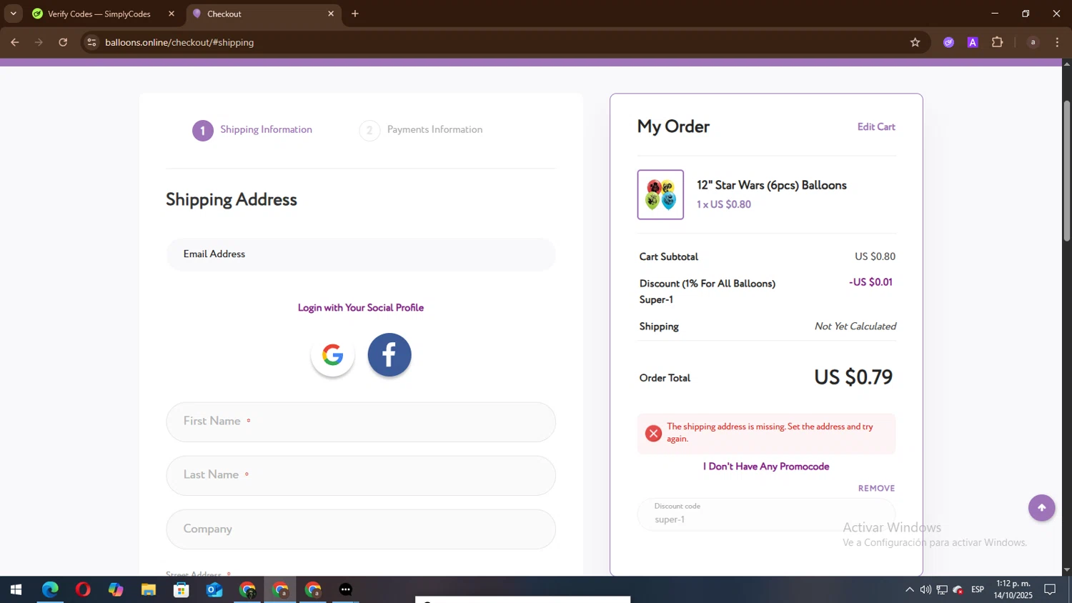 Balloons Online discount code screenshot showing code super-1 applied at Balloons Online checkout page. Uploaded by SimplyCodes community member lisandro on Oct 14, 2025