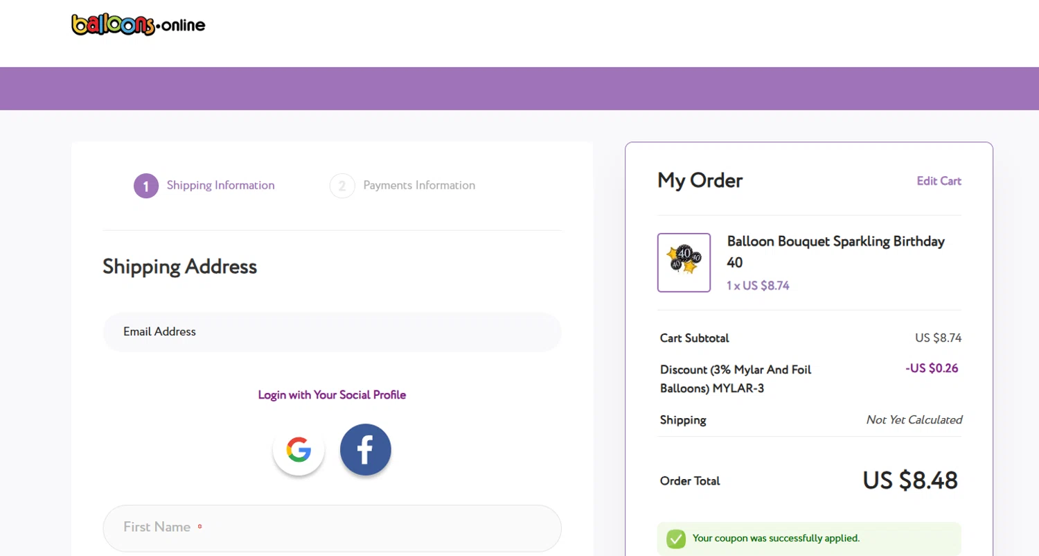 Balloons Online discount code screenshot showing code MYLAR-3 applied at Balloons Online checkout page. Uploaded by SimplyCodes community member jesspea on Jul 11, 2025