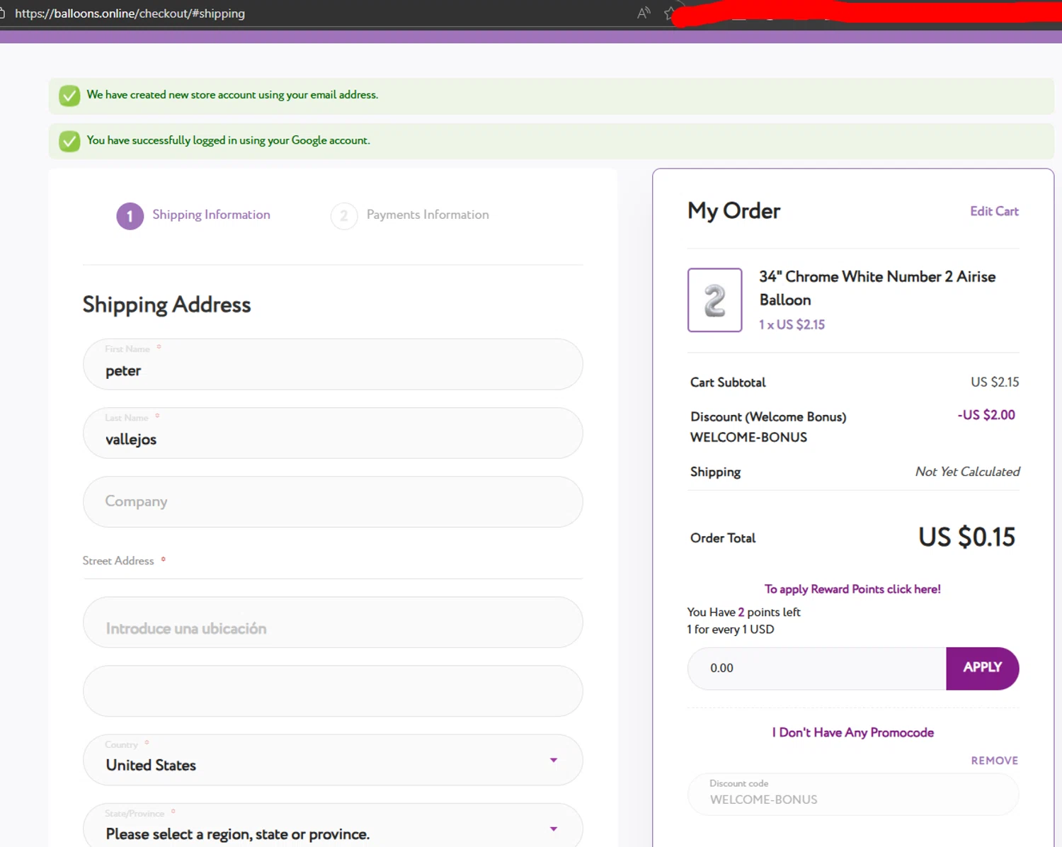 Balloons Online discount code screenshot showing code WELCOME-BONUS applied at Balloons Online checkout page. Uploaded by SimplyCodes community member ricardoramirez1 on Nov 5, 2025