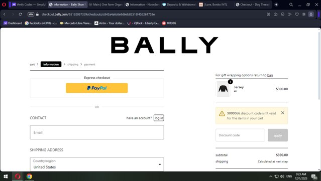 Bally checkout page showing Bally promo code box | Screenshot taken by SimplyCodes community member on Dec 1, 2023