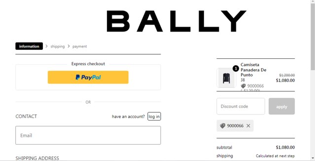 Bally checkout page showing Bally promo code box | Screenshot taken by SimplyCodes community member on Oct 14, 2023