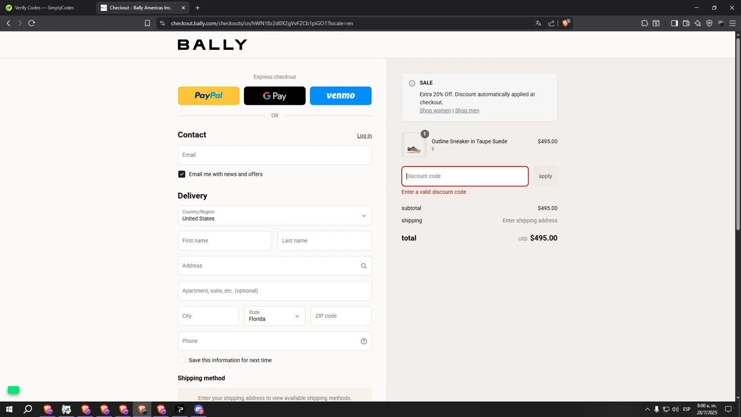 Bally promo code screenshot showing code HBFROMBALLYNOV24 applied at Bally checkout page. Uploaded by SimplyCodes community member SpeedyFast on Jul 28, 2025