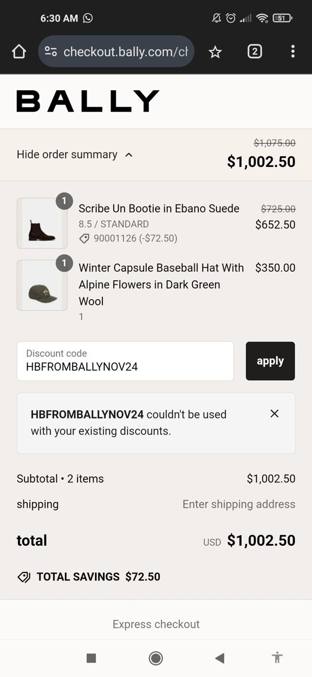 Bally checkout page showing Bally promo code box | Screenshot taken by SimplyCodes community member on Nov 26, 2024
