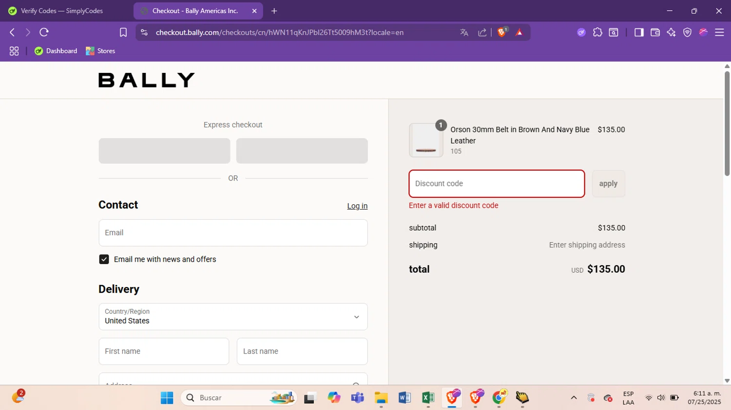 Bally promo code screenshot showing code HBFROMBALLYNOV24 applied at Bally checkout page. Uploaded by SimplyCodes community member antoooooooooooooo on Jul 25, 2025