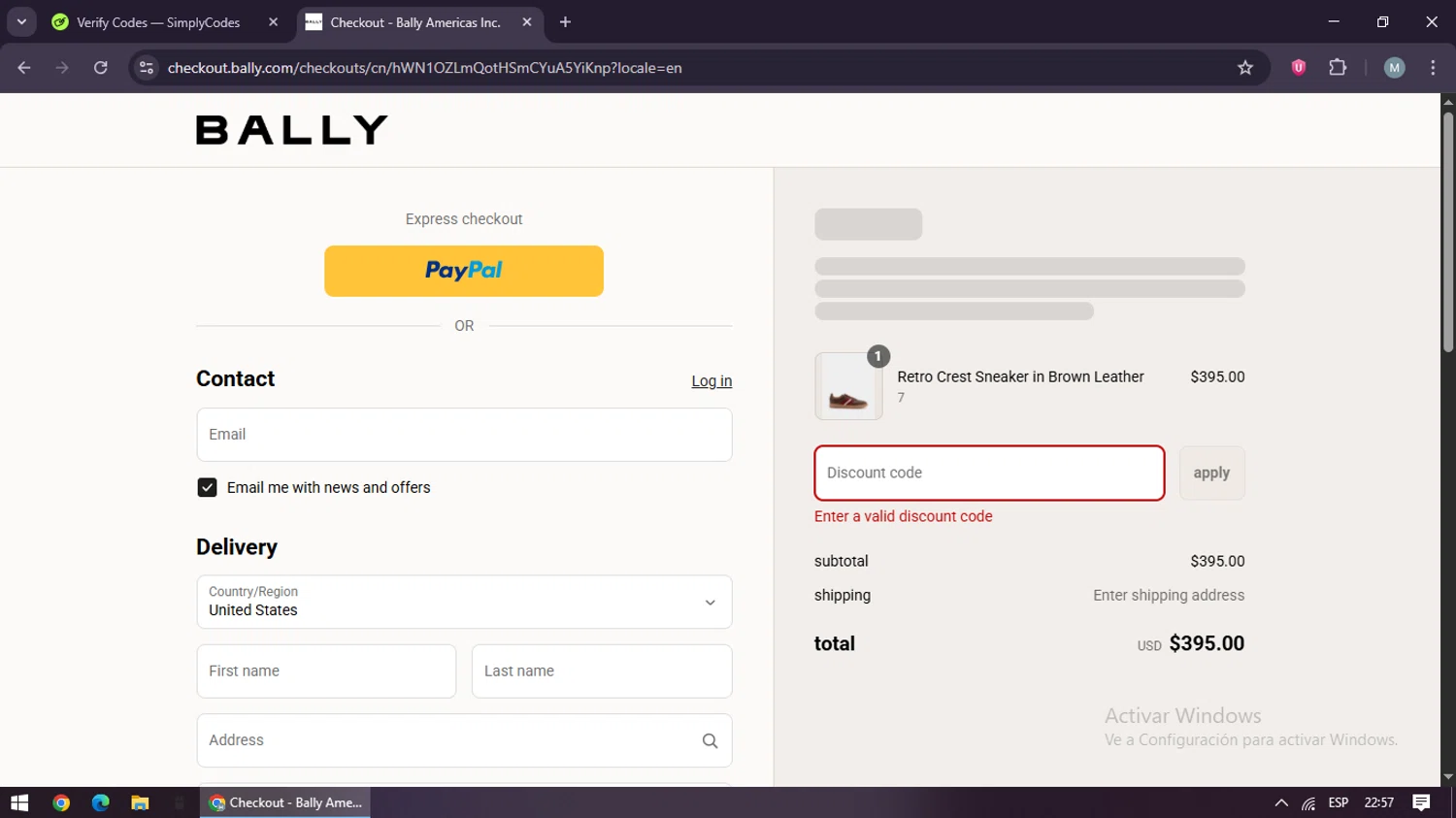 Bally promo code screenshot showing code BALLYAW2012 applied at Bally checkout page. Uploaded by SimplyCodes community member maraxo on Aug 4, 2025