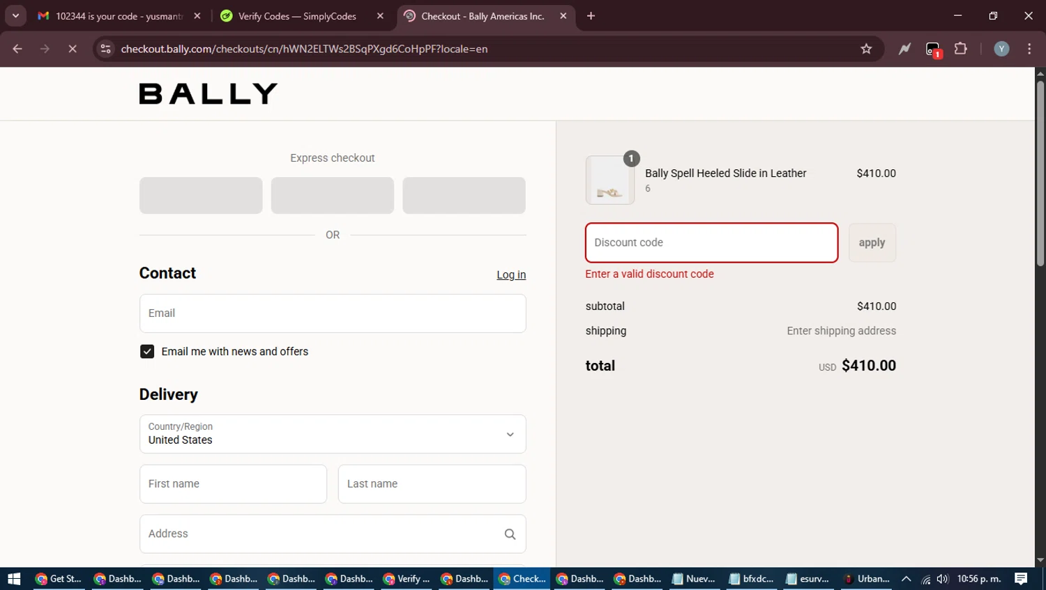 Bally promo code screenshot showing code 90001171 applied at Bally checkout page. Uploaded by SimplyCodes community member MoneyTiger5162 on Aug 26, 2025