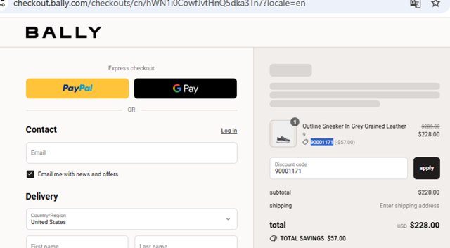 Bally checkout page showing Bally promo code box | Screenshot taken by SimplyCodes community member on Aug 12, 2025