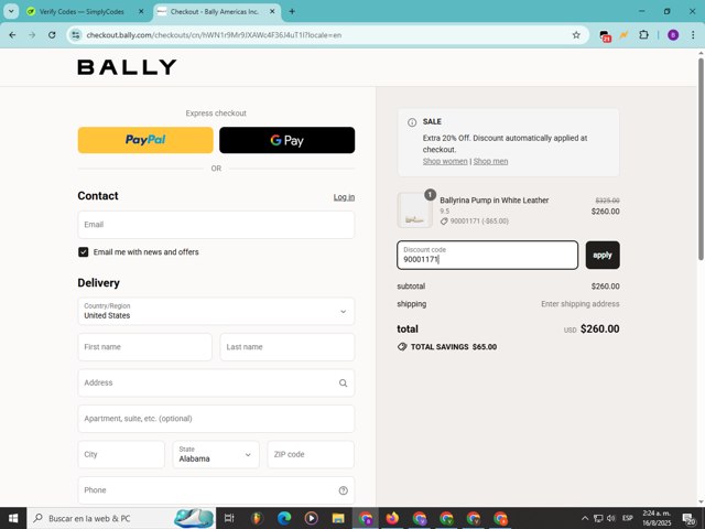 Bally checkout page showing Bally promo code box | Screenshot taken by SimplyCodes community member on Aug 16, 2025