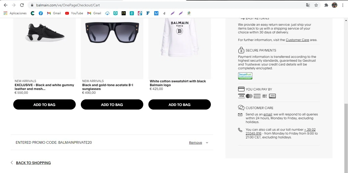 Balmain checkout page showing Balmain promo code box | Screenshot taken by SimplyCodes community member on Nov 28, 2020
