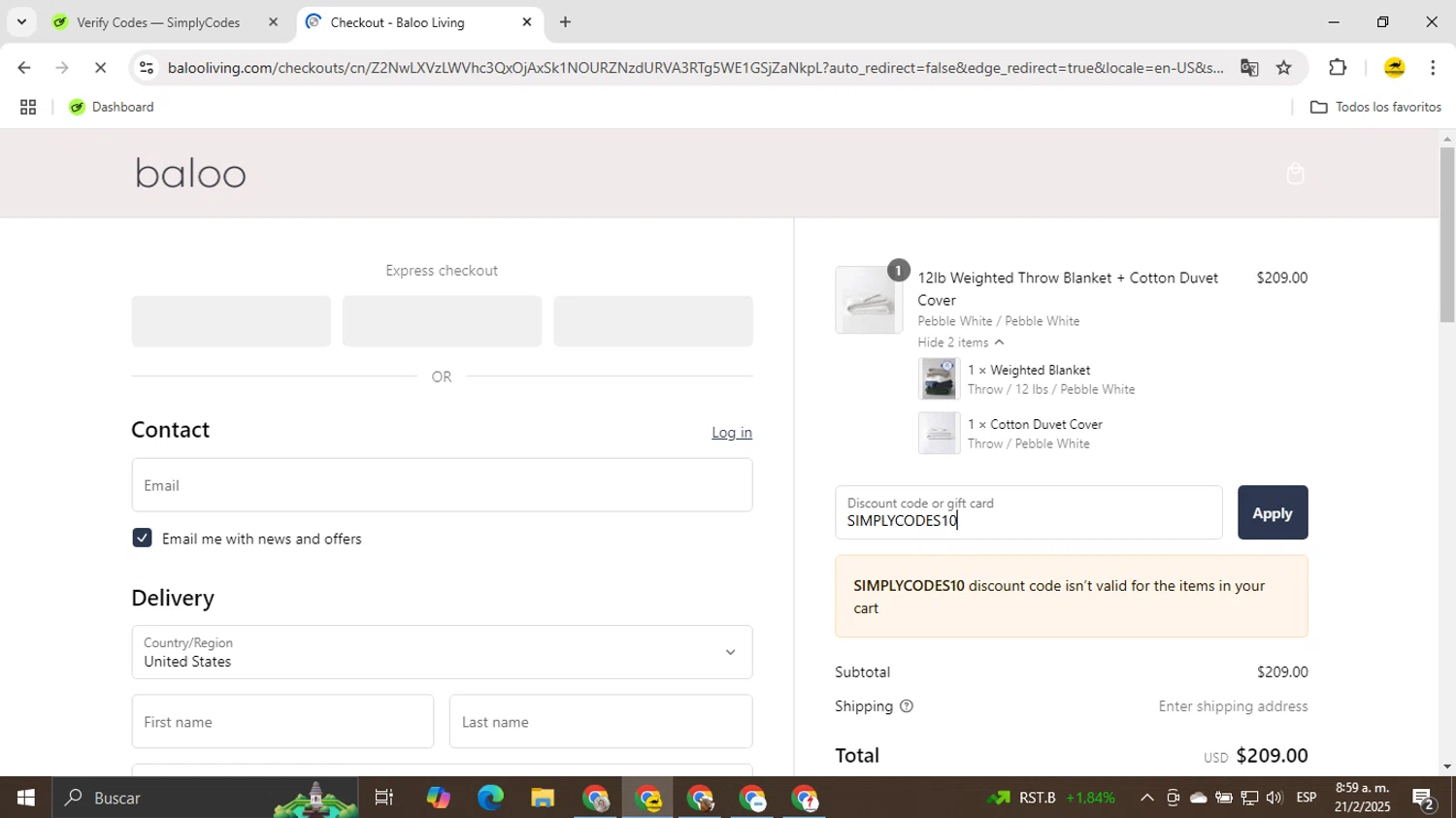 Baloo Living promo code screenshot showing code SIMPLYCODES10 applied at Baloo Living checkout page. Uploaded by SimplyCodes community member OldManEmu on Feb 21, 2025