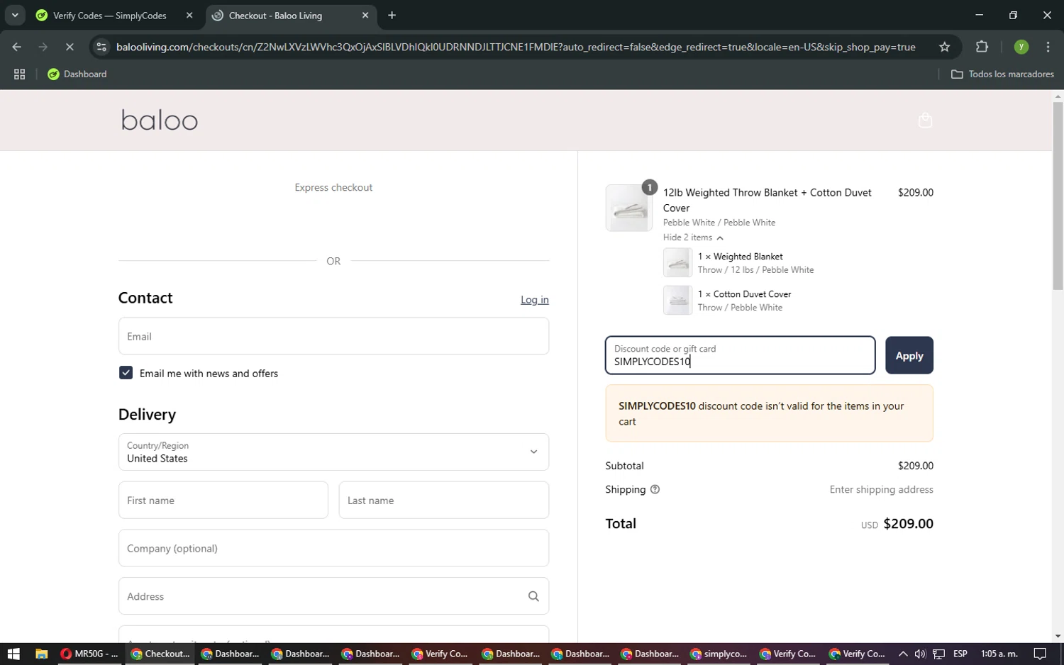 Baloo Living promo code screenshot showing code SIMPLYCODES10 applied at Baloo Living checkout page. Uploaded by SimplyCodes community member NobleMaestro676 on Mar 18, 2025