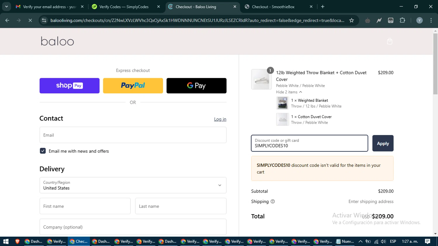 Baloo Living promo code screenshot showing code SIMPLYCODES10 applied at Baloo Living checkout page. Uploaded by SimplyCodes community member MoneyTiger5162 on Feb 20, 2025