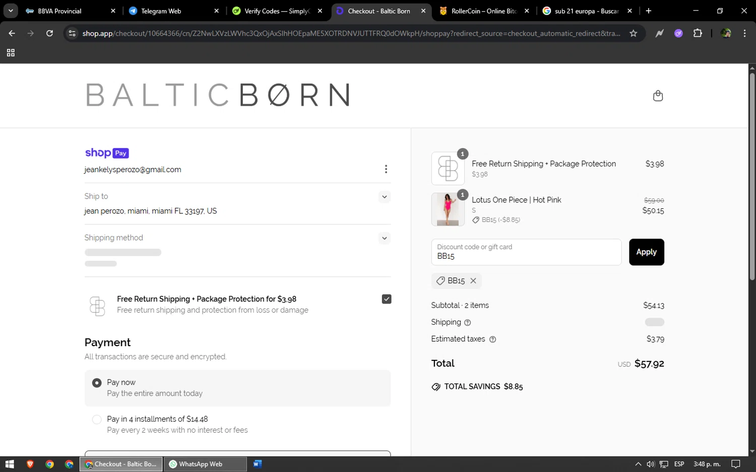 Baltic Born discount code screenshot showing code BB15 applied at Baltic Born checkout page. Uploaded by SimplyCodes community member yonaiker on Jun 11, 2025