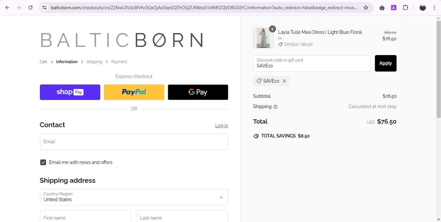 Baltic Born discount code screenshot showing code SAVE10 applied at Baltic Born checkout page. Uploaded by SimplyCodes community member JASTIFY on Jan 25, 2025