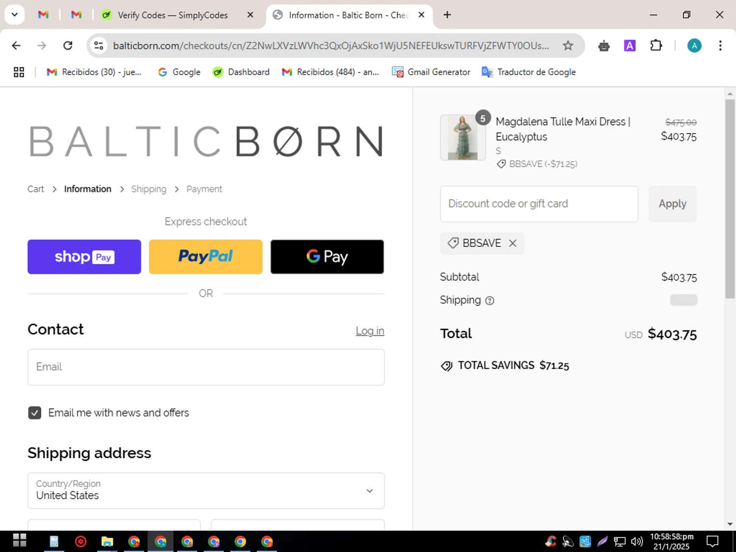 Baltic Born discount code screenshot showing code BBSAVE applied at Baltic Born checkout page. Uploaded by SimplyCodes community member SavingsScout358 on Jan 22, 2025