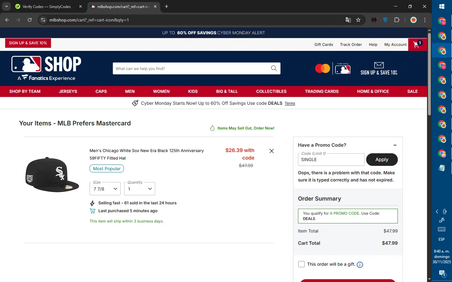 Baltimore Orioles promo code screenshot showing code single applied at Baltimore Orioles checkout page. Uploaded by SimplyCodes community member ValiantWarden8956 on Nov 30, 2025