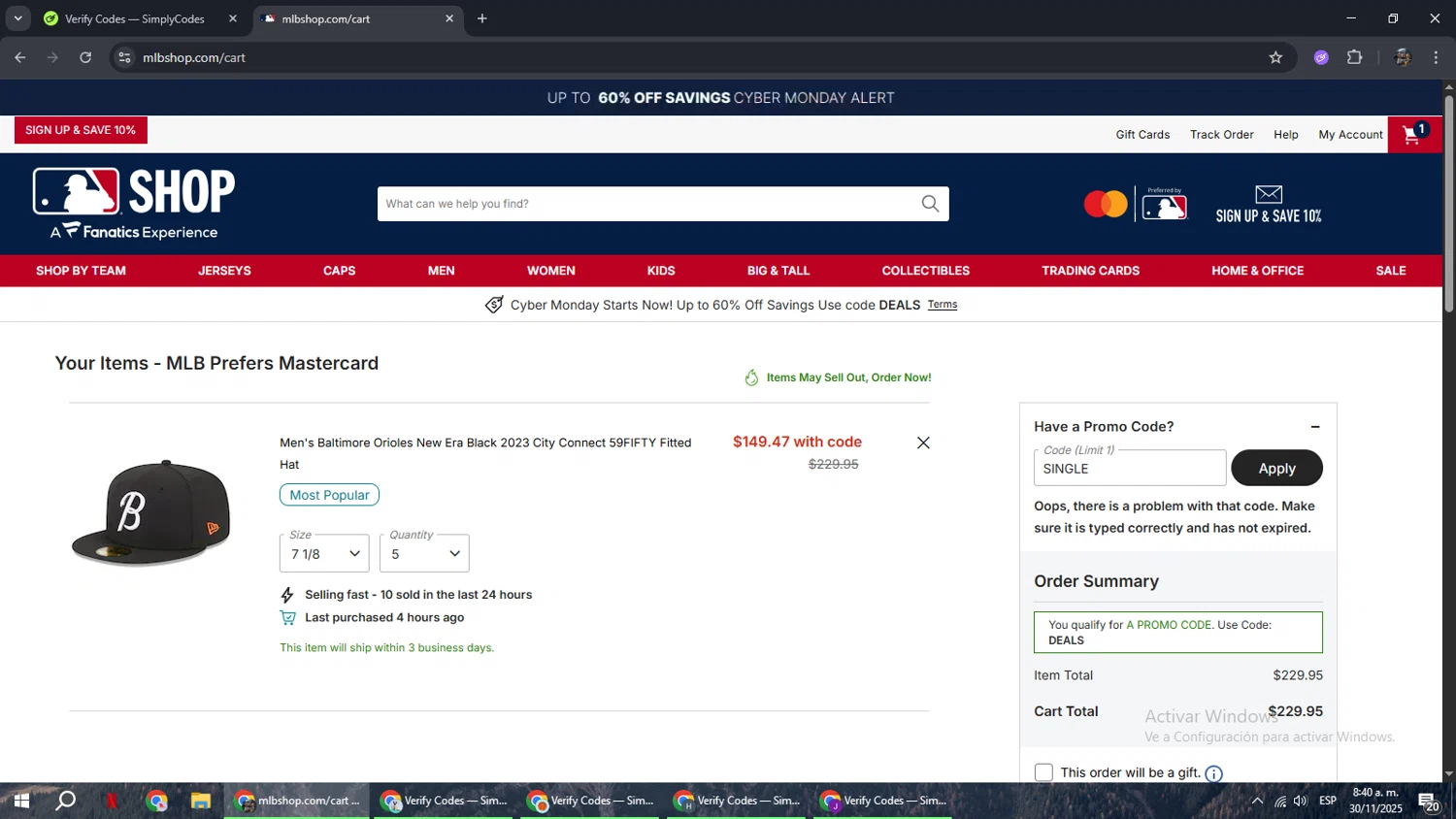 Baltimore Orioles promo code screenshot showing code single applied at Baltimore Orioles checkout page. Uploaded by SimplyCodes community member xxdddd on Nov 30, 2025
