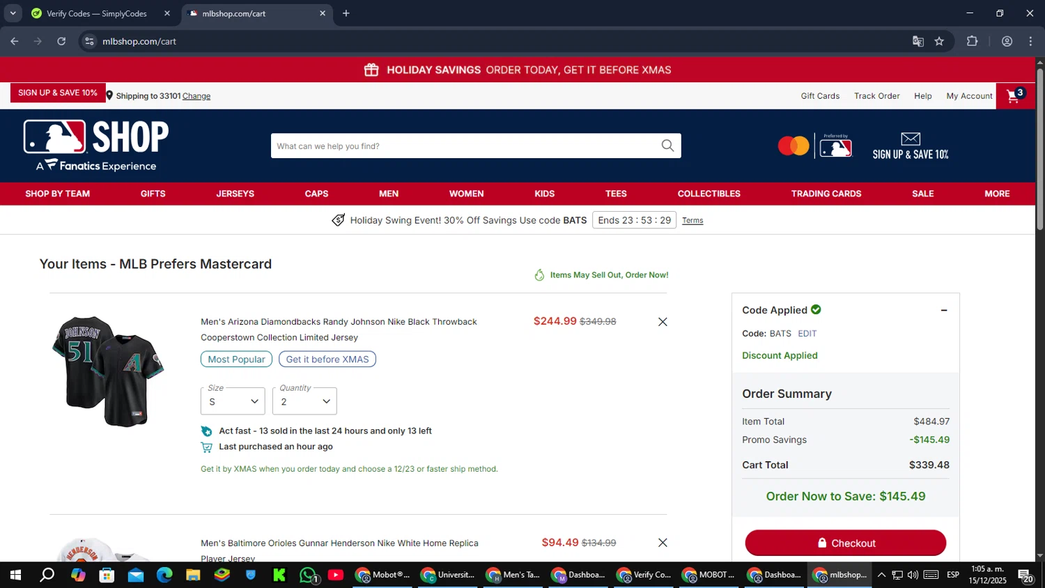 Baltimore Orioles checkout page showing Baltimore Orioles promo code box | Screenshot taken by SimplyCodes community member on Dec 15, 2025
