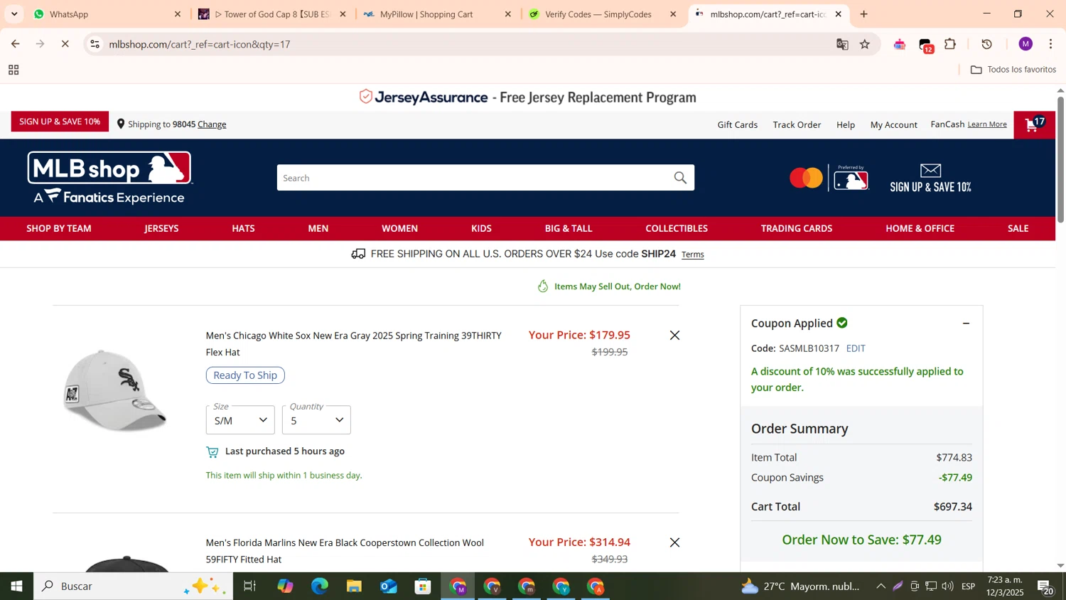 Baltimore Orioles promo code screenshot showing code SASMLB10317 applied at Baltimore Orioles checkout page. Uploaded by SimplyCodes community member cod_gakpo on Mar 12, 2025
