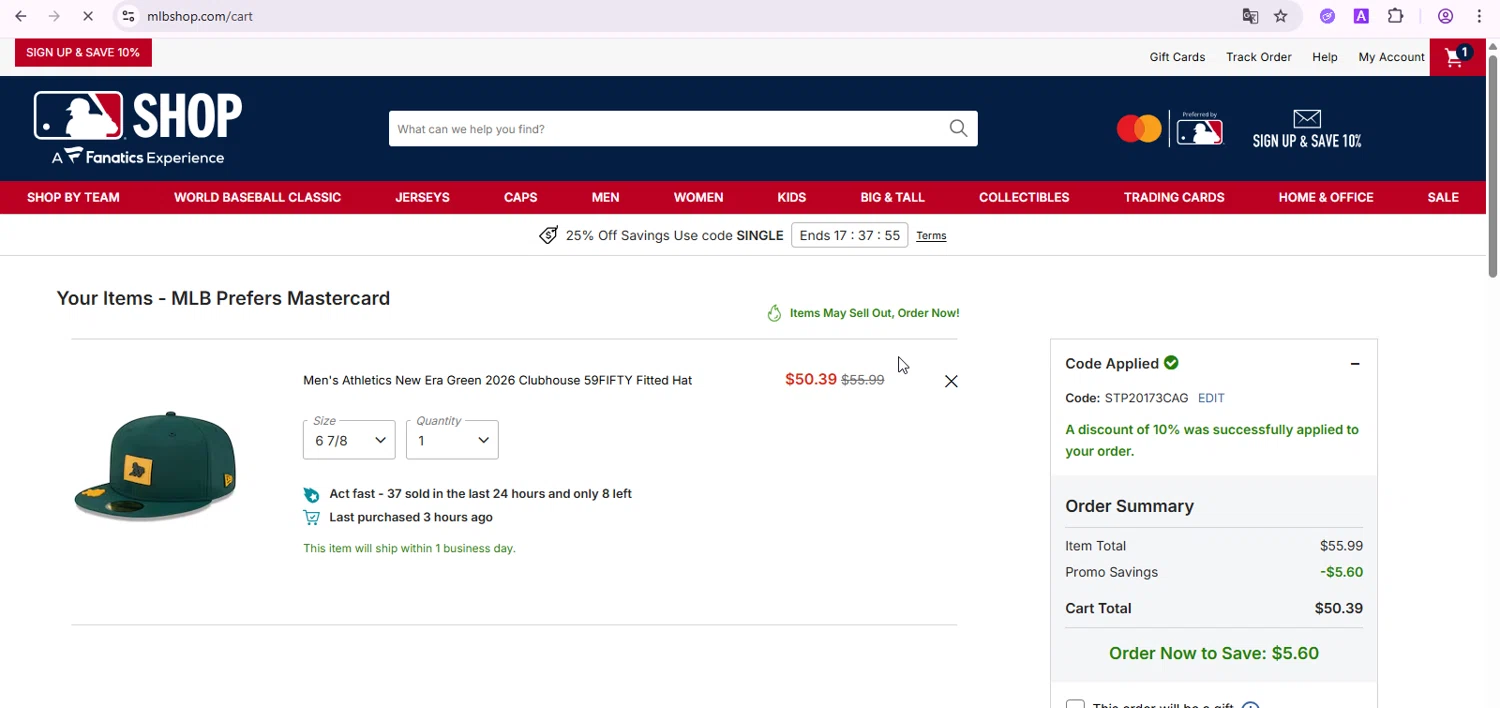Baltimore Orioles checkout page showing Baltimore Orioles promo code box | Screenshot taken by SimplyCodes community member on Feb 24, 2026