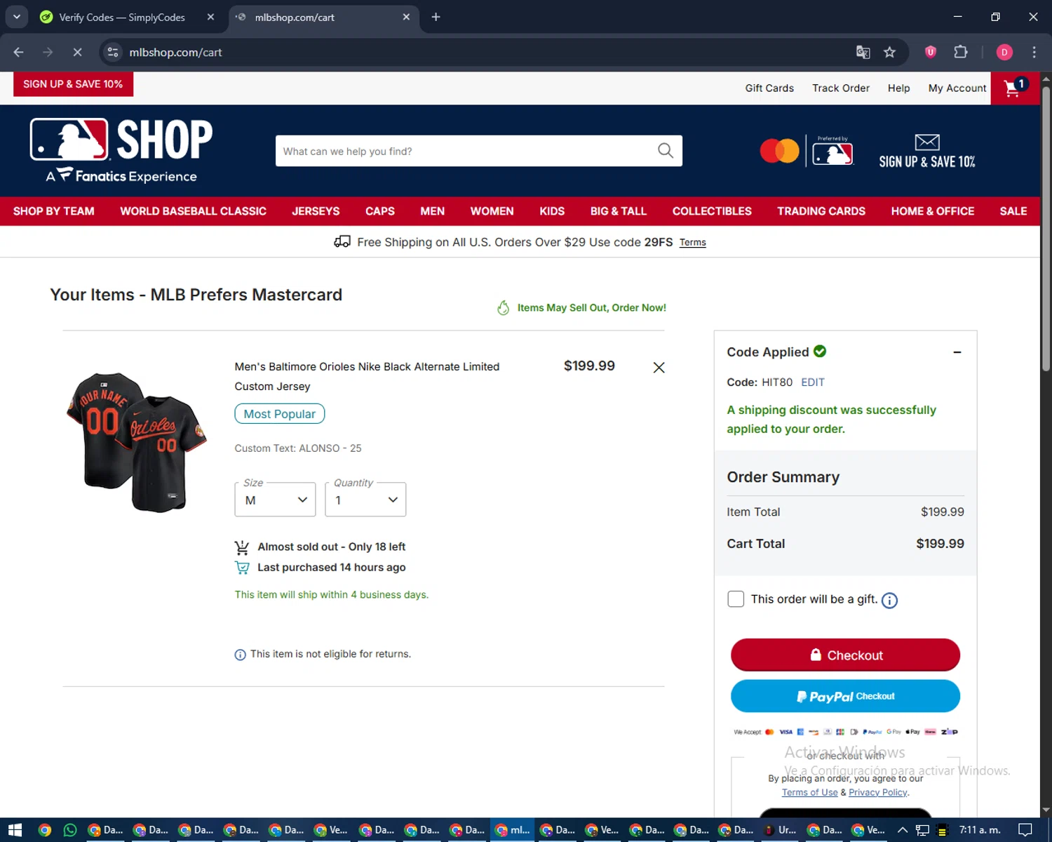 Baltimore Orioles checkout page showing Baltimore Orioles promo code box | Screenshot taken by SimplyCodes community member on Jan 19, 2026