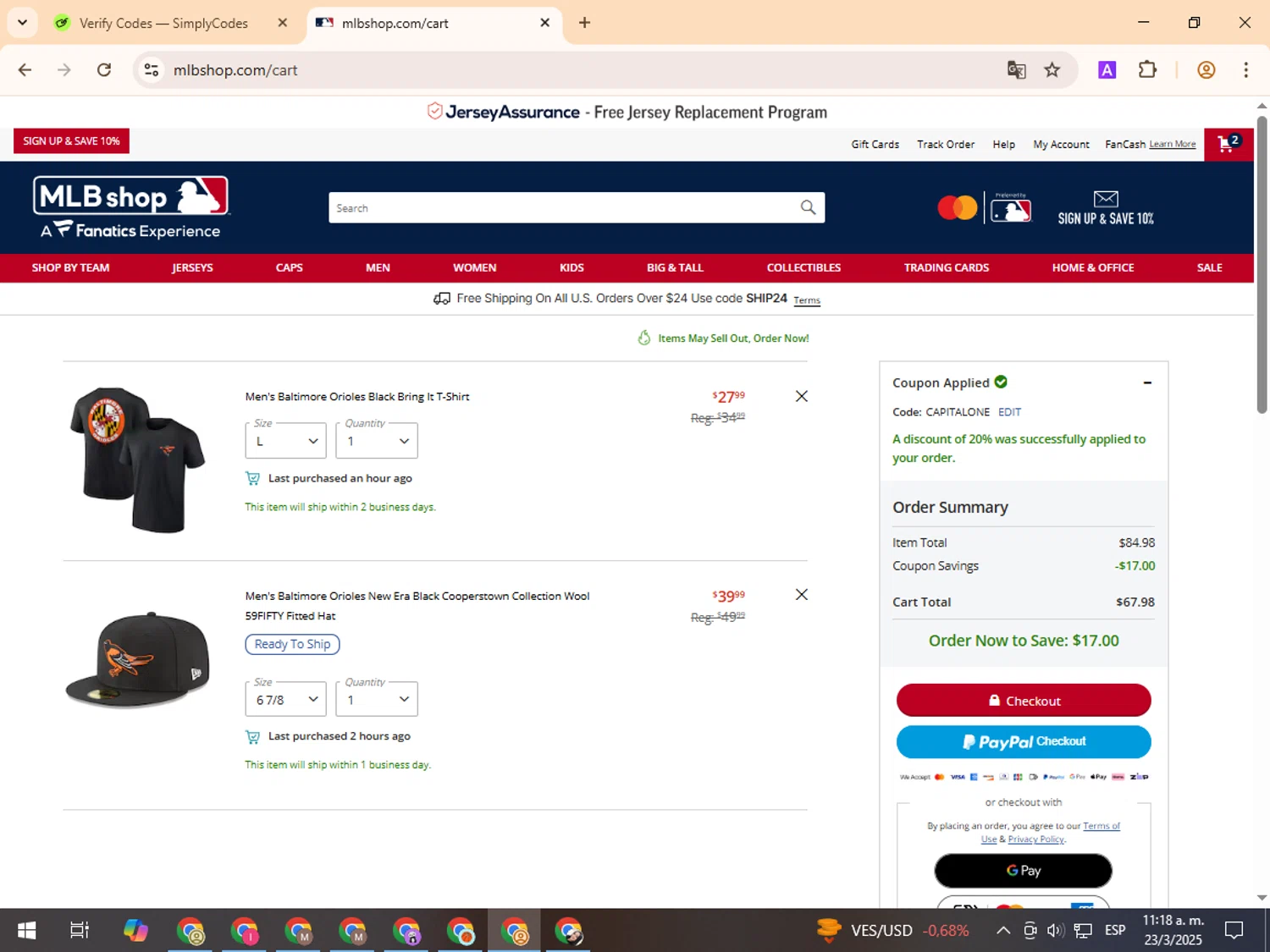 Baltimore Orioles promo code screenshot showing code CAPITALONE applied at Baltimore Orioles checkout page. Uploaded by SimplyCodes community member TreasurePro466 on Mar 23, 2025